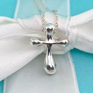 Tiffany & Co. Elsa Peretti Teardrop Cross 925 Silver Necklace 16” 15mm
